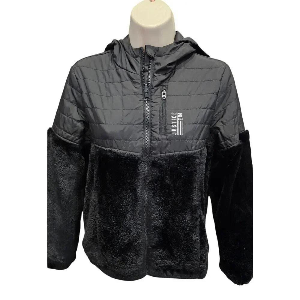 Justice L 12 / 14 black REVERSIBLE 2 in 1 jacket windbreaker sherpa nylon EUC #
